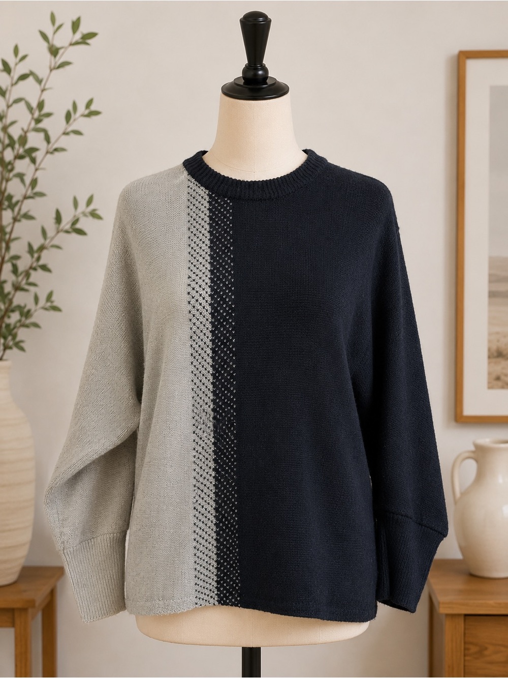 SHEIN Navy and Light Gray Split-Panel Crewneck Sweater